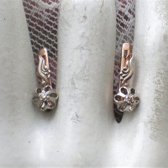 Vintage Soviet USSR 14K 583 Rose Pink White Gold Diamond Buttercup Earrings - Picture 3 of 7